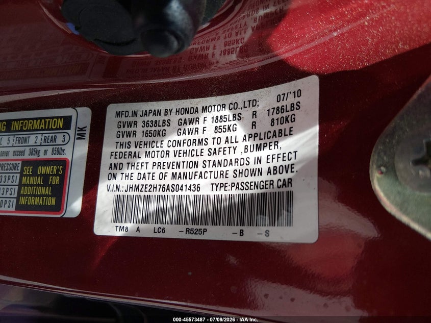 2010 Honda Insight Ex VIN: JHMZE2H76AS041436 Lot: 45573487