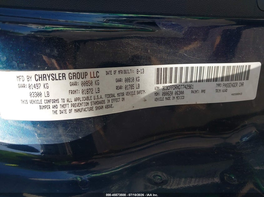 2013 Fiat 500C Pop VIN: 3C3CFFDRXDT742961 Lot: 45573508