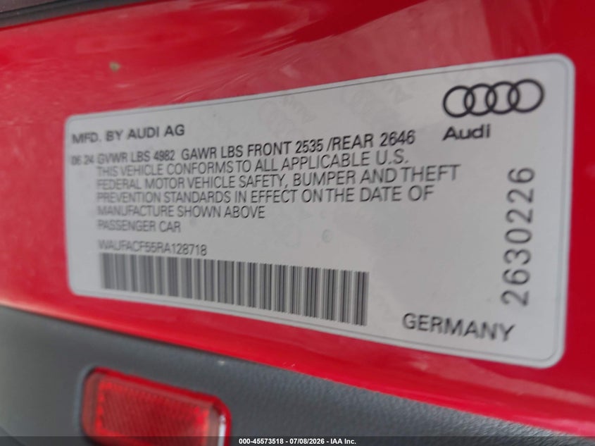 AUDI A5 SPORTBACK 2024 VIN WAUFACF55RA128718