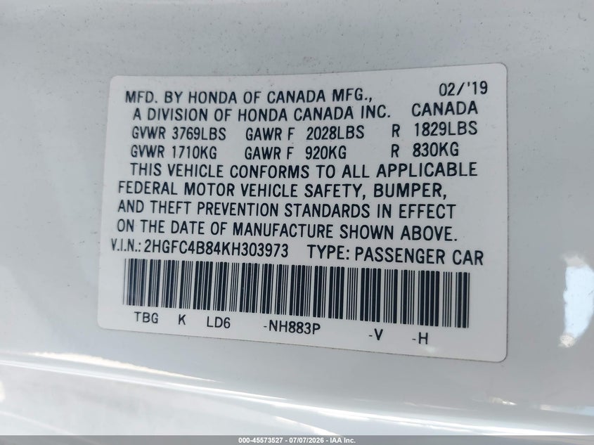 2019 HONDA CIVIC COUPE 2.0L I-4 DOHC, VVT, 158HP