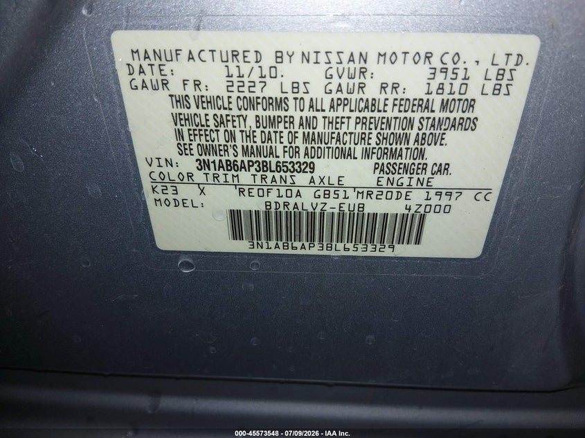 2011 NISSAN SENTRA SEDAN 2.0L I-4 DOHC, VVT, 140HP