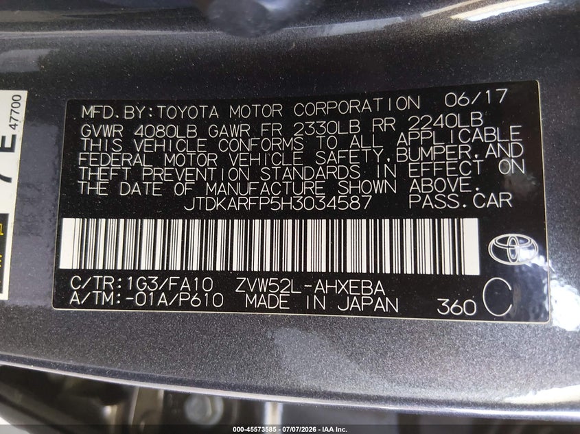 2017 TOYOTA PRIUS HATCHBACK 1.8L I-4 DOHC, VVT, 95HP