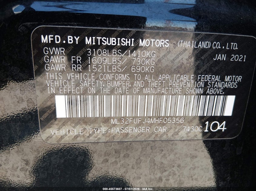 2021 Mitsubishi Mirage G4 Carbonite Edition/Es/Le VIN: ML32FUFJ4MHF05356 Lot: 45573607