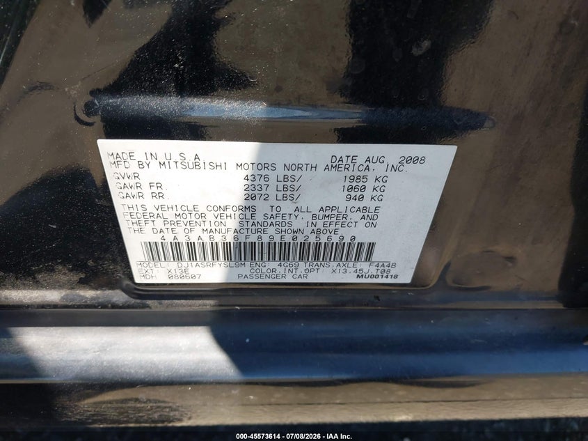 2009 Mitsubishi Galant Es/Sport Edition VIN: 4A3AB36F89E025690 Lot: 45573614
