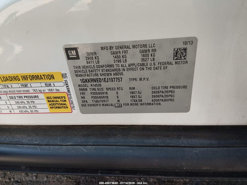 2014 GMC Acadia Sle-1 VIN: 1GKKRNED1EJ197757 Lot: 45573649