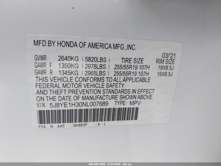 ACURA MDX 2022 VIN 5J8YE1H30NL007689