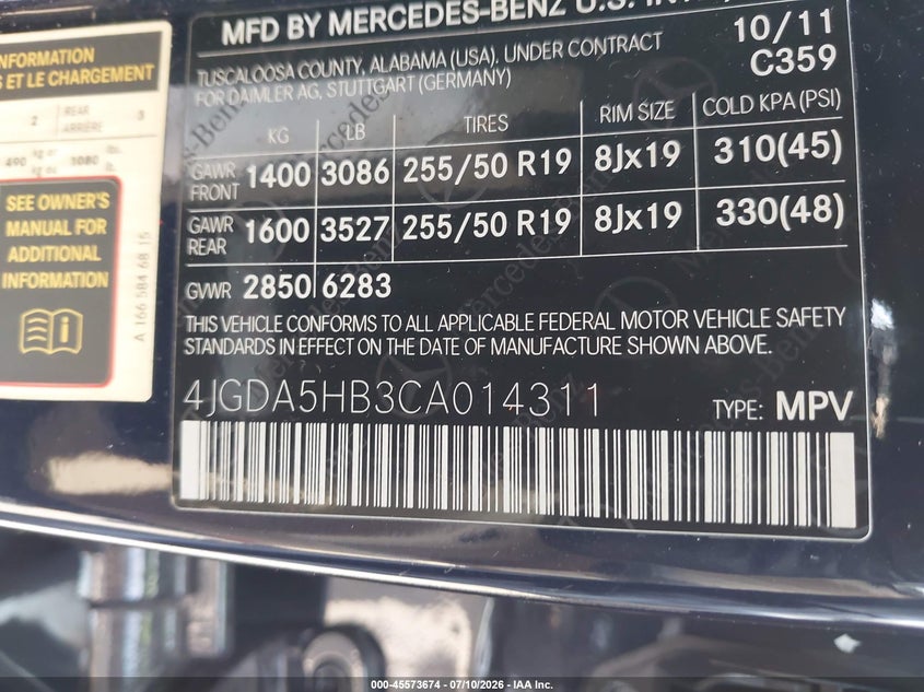 2012 Mercedes-Benz Ml 350 4Matic VIN: 4JGDA5HB3CA014311 Lot: 45573674