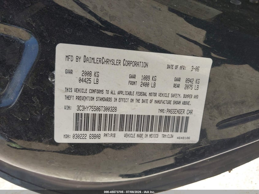 2006 Chrysler Pt Cruiser Gt VIN: 3C3HY75S06T300328 Lot: 45573705