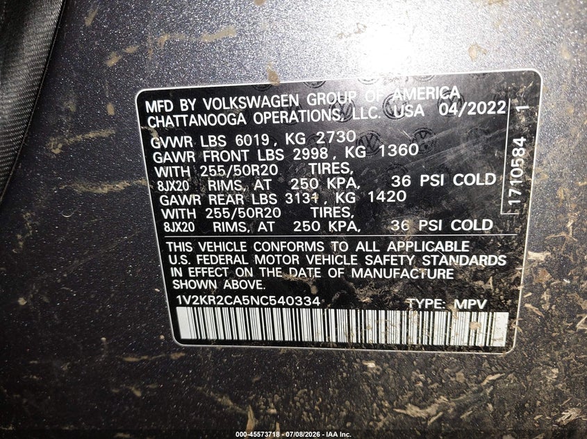 2022 Volkswagen Atlas 3.6L V6 Se W/Technology VIN: 1V2KR2CA5NC540334 Lot: 45573718