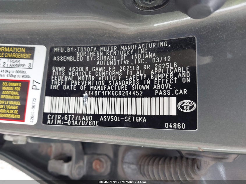 2012 Toyota Camry Xle VIN: 4T4BF1FK6CR204452 Lot: 45573723