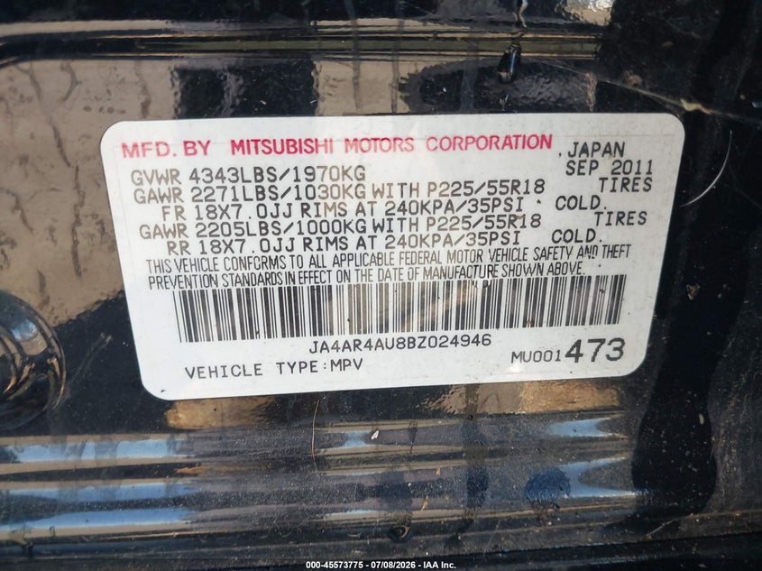 2011 MITSUBISHI OUTLANDER SPORT UTILITY VEHICLE 2.0L I-4 DOHC, VVT, 148HP