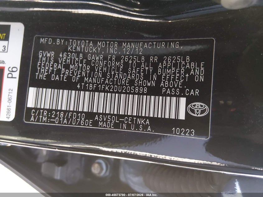 2013 Toyota Camry Le VIN: 4T1BF1FK2DU205898 Lot: 45573780