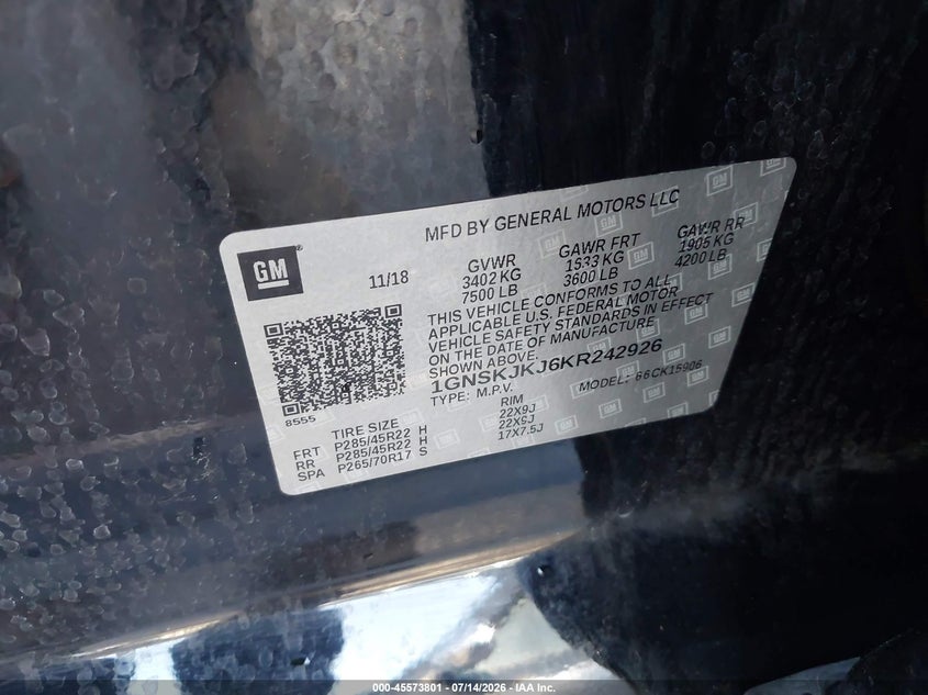 2019 Chevrolet Suburban Premier VIN: 1GNSKJKJ6KR242926 Lot: 45573801