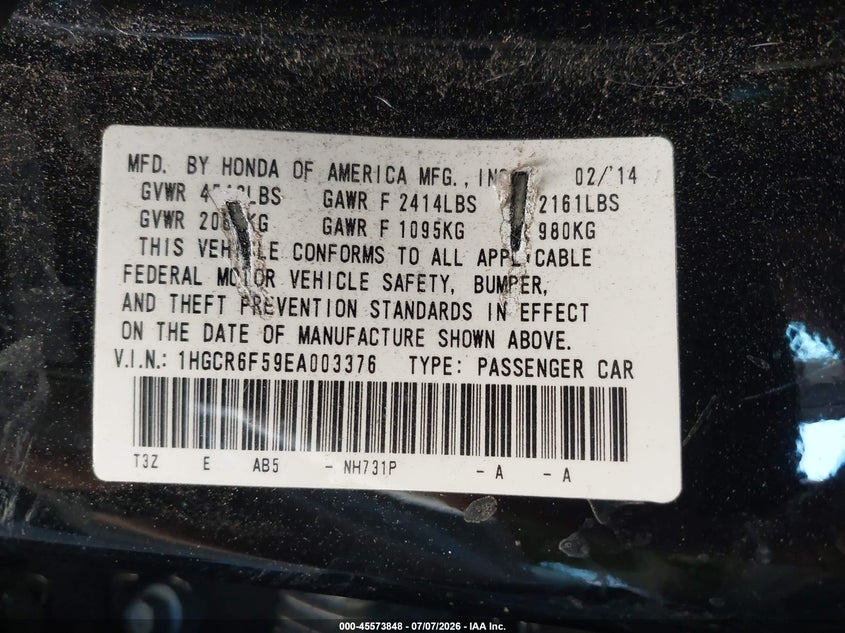2014 HONDA ACCORD SEDAN 2.0L I-4 DOHC, VVT, 141HP