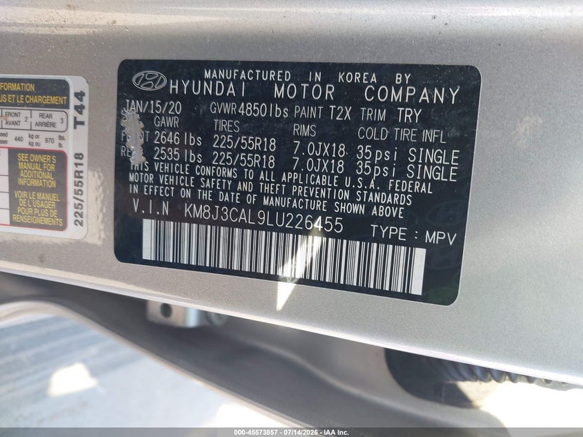 2020 Hyundai Tucson Ultimate VIN: KM8J3CAL9LU226455 Lot: 45573857