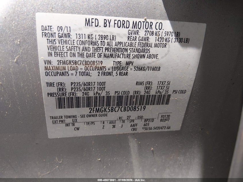 2012 Ford Flex Se VIN: 2FMGK5BC7CBD08519 Lot: 45573861