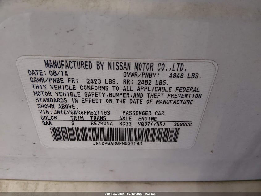 2015 Infiniti Q40 VIN: JN1CV6AR6FM521193 Lot: 45573881