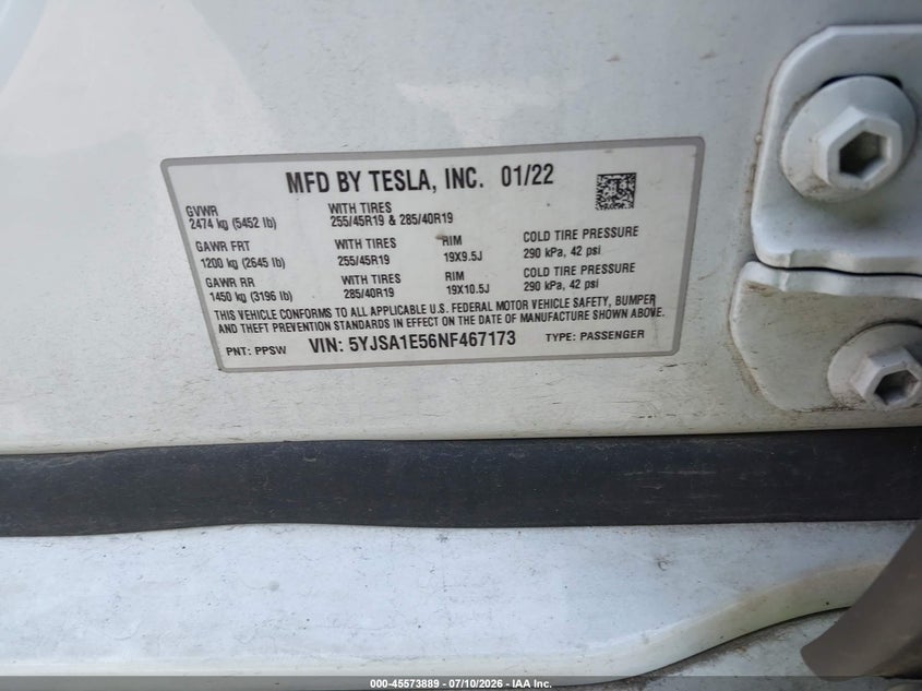 2022 Tesla Model S Dual Motor All-Wheel Drive VIN: 5YJSA1E56NF467173 Lot: 45573889