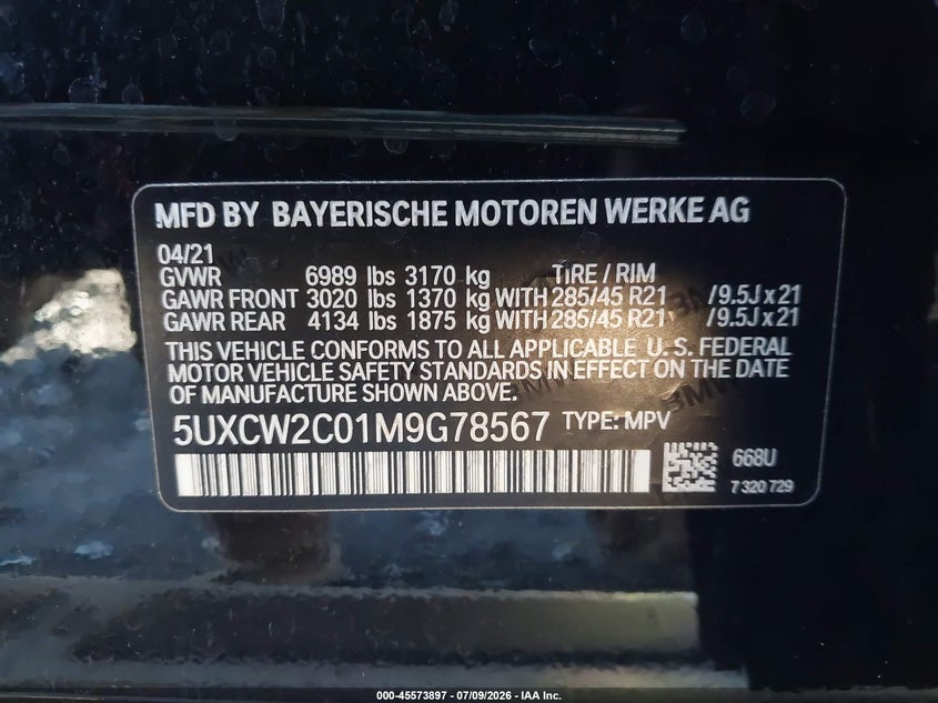 2021 BMW X7 xDrive40I VIN: 5UXCW2C01M9G78567 Lot: 45573897