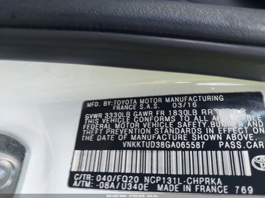 2016 Toyota Yaris L VIN: VNKKTUD38GA065587 Lot: 45573900