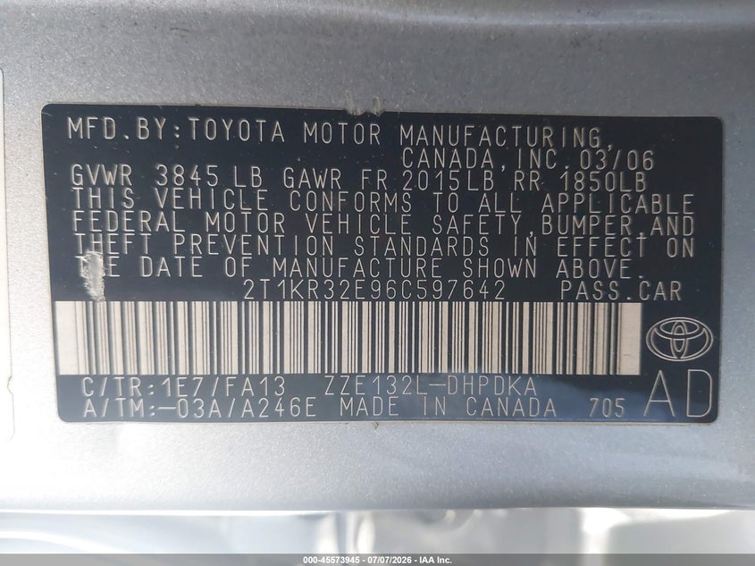 2006 Toyota Matrix VIN: 2T1KR32E96C597642 Lot: 45573945