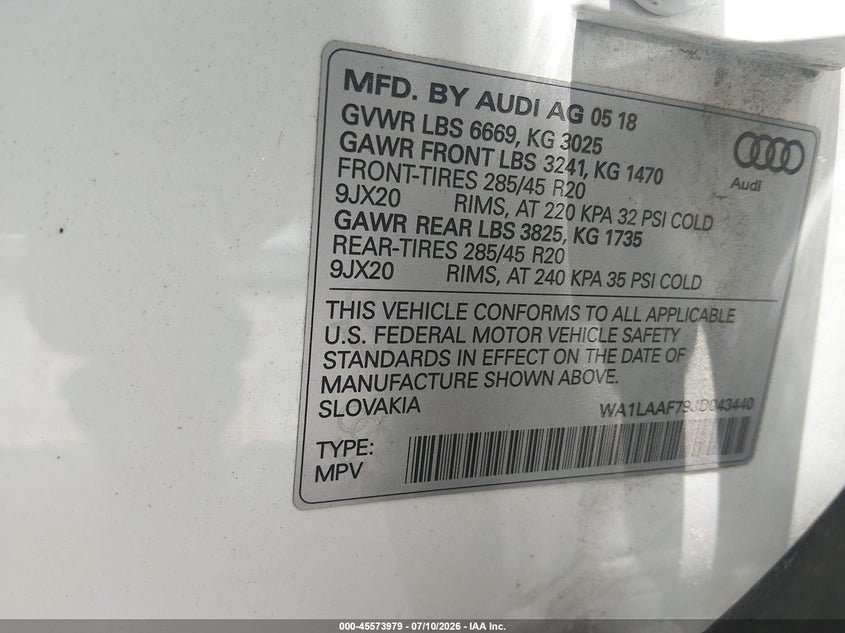 2018 Audi Q7 3.0T Premium VIN: WA1LAAF79JD043440 Lot: 45573979