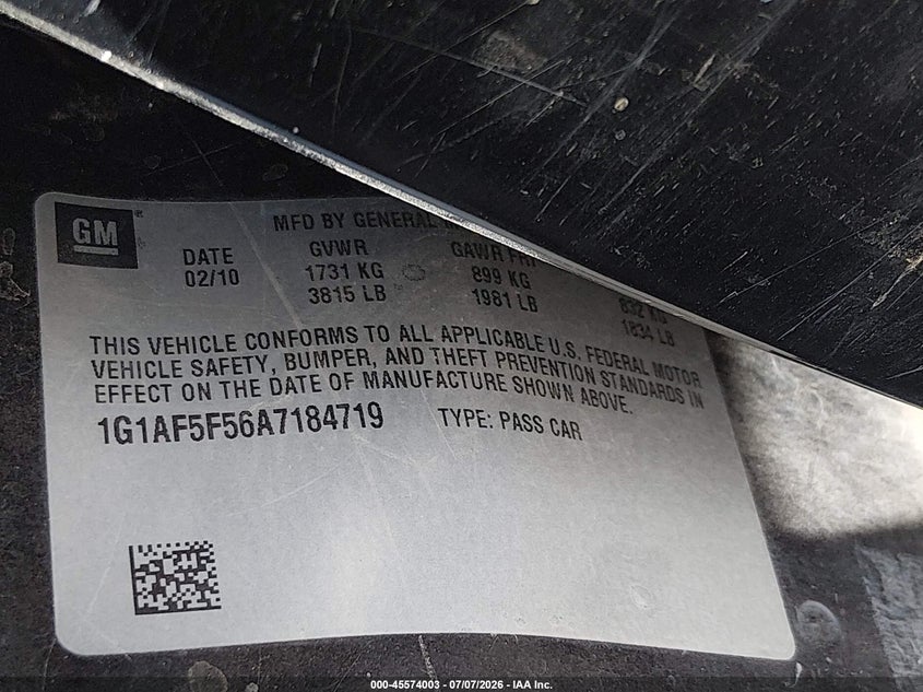 2010 Chevrolet Cobalt Lt VIN: 1G1AF5F56A7184719 Lot: 45574003
