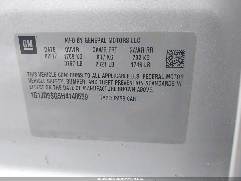 2017 Chevrolet Sonic Lt Auto VIN: 1G1JD5SG5H4148559 Lot: 45574005