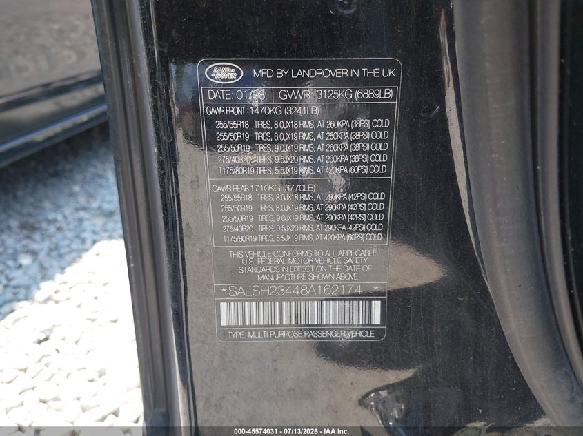2008 Land Rover Range Rover Sport Supercharged VIN: SALSH23448A162174 Lot: 45574031