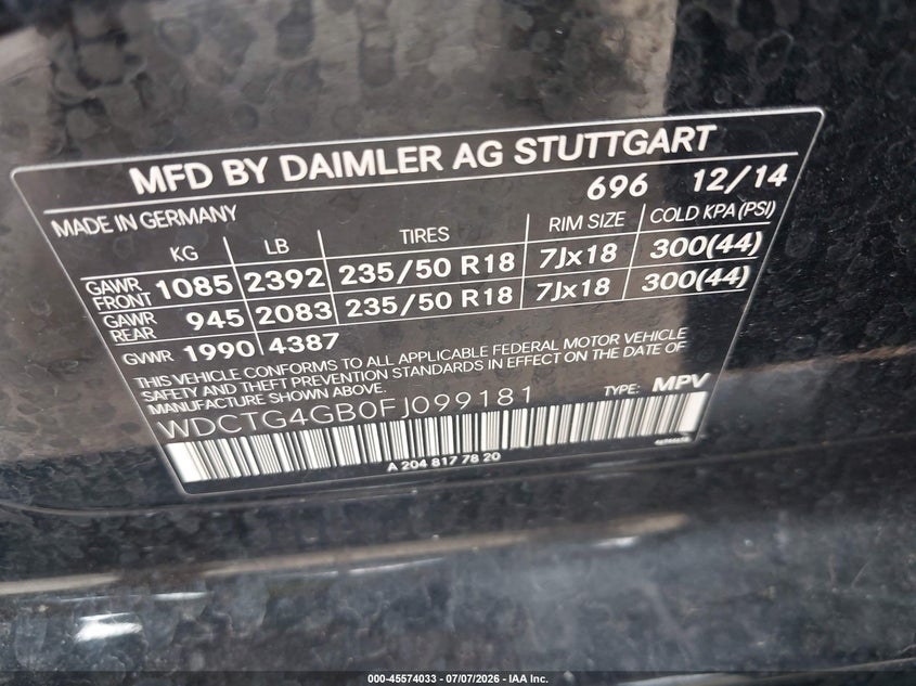 2015 Mercedes-Benz Gla 250 4Matic VIN: WDCTG4GB0FJ099181 Lot: 45574033