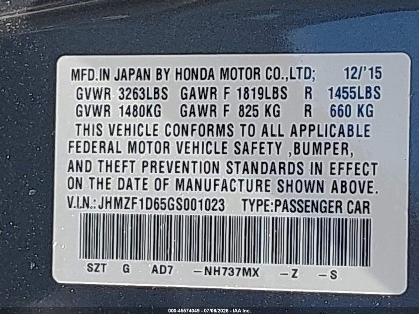 2016 Honda Cr-Z Ex/Ex-L Navi VIN: JHMZF1D65GS001023 Lot: 45574049