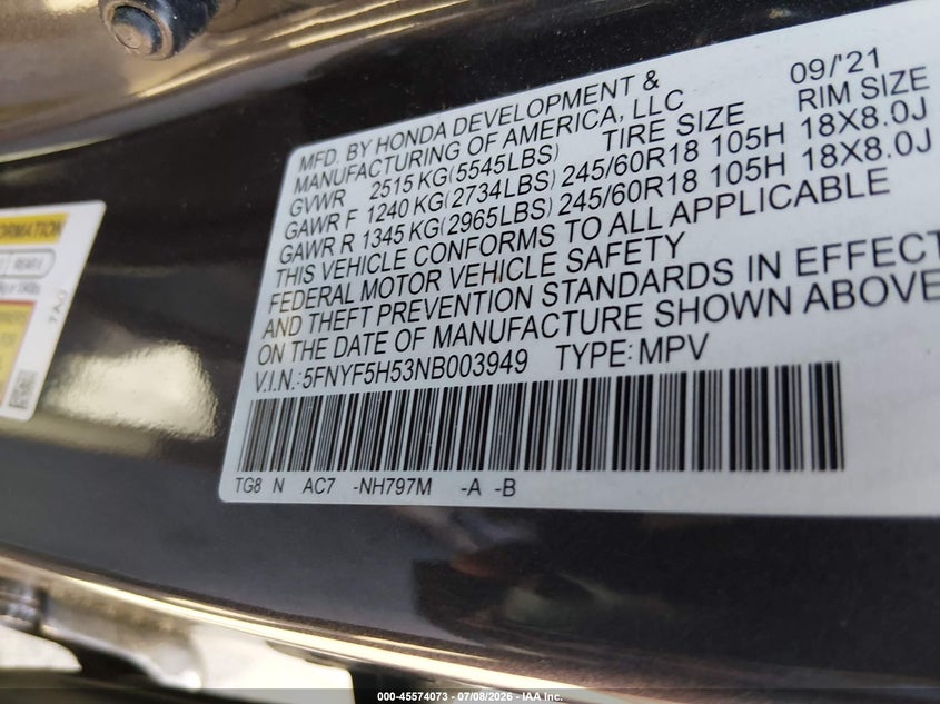 2022 HONDA PILOT SPORT UTILITY VEHICLE 3.5L V-6 DI, VVT, 280HP