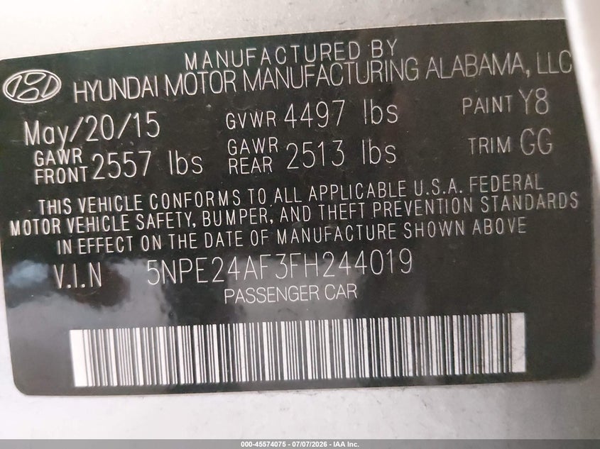 2015 Hyundai Sonata Se VIN: 5NPE24AF3FH244019 Lot: 45574075
