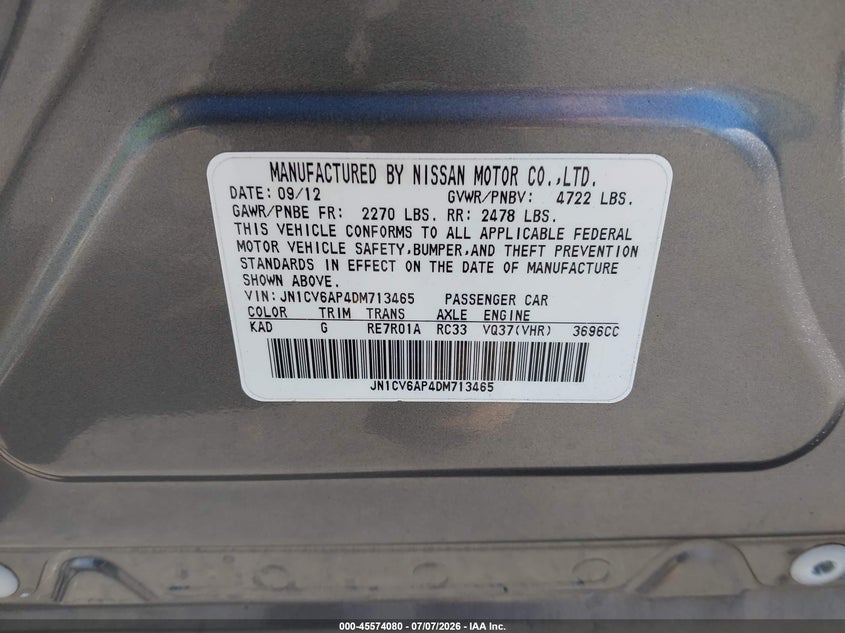 2013 Infiniti G37 Journey VIN: JN1CV6AP4DM713465 Lot: 45574080