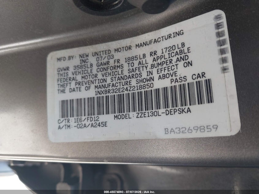 2004 Toyota Corolla S VIN: 1NXBR32E24Z218850 Lot: 45574093