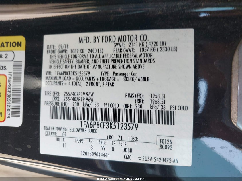 2019 Ford Mustang Gt/Gt Premium VIN: 1FA6P8CF3K5123579 Lot: 45574104
