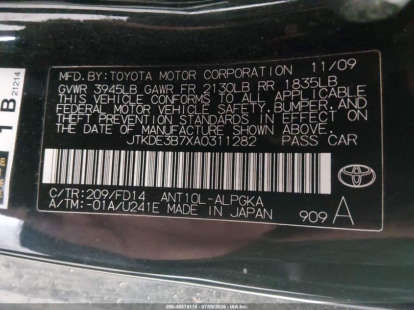 2010 Scion Tc VIN: JTKDE3B7XA0311282 Lot: 45574118