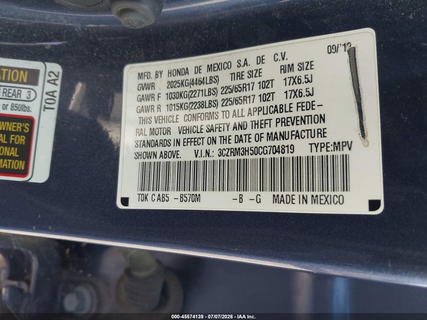 2012 Honda Cr-V Ex VIN: 3CZRM3H50CG704819 Lot: 45574139