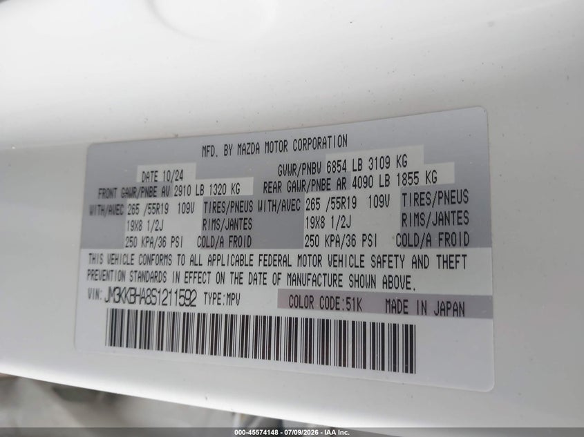2025 Mazda Cx-90 Phev Preferred Package VIN: JM3KKBHA8S1211592 Lot: 45574148