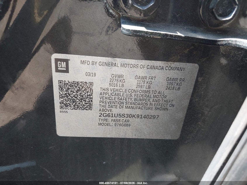 2019 Cadillac Xts W20 Livery Package VIN: 2G61U5S30K9140297 Lot: 45574151