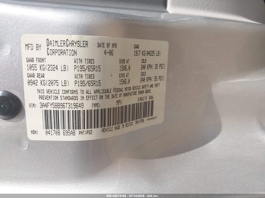 2006 Chrysler Pt Cruiser Touring VIN: 3A4FY58B96T319649 Lot: 45574165