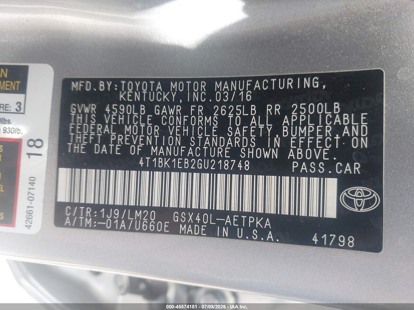 2016 TOYOTA AVALON SEDAN 3.5L V-6 DOHC, VVT, 268HP