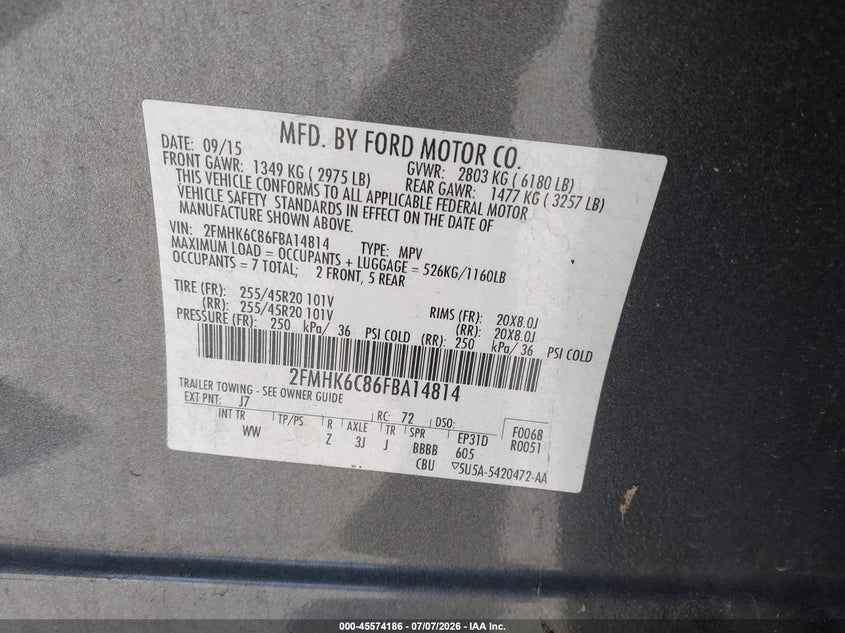 2015 Ford Flex Sel VIN: 2FMHK6C86FBA14814 Lot: 45574186