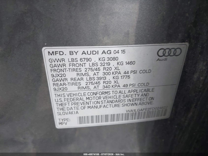 2015 AUDI Q7 SPORT UTILITY VEHICLE 3.0L V-6 DI, DOHC, VVT, SUPERCHARGER, 280HP