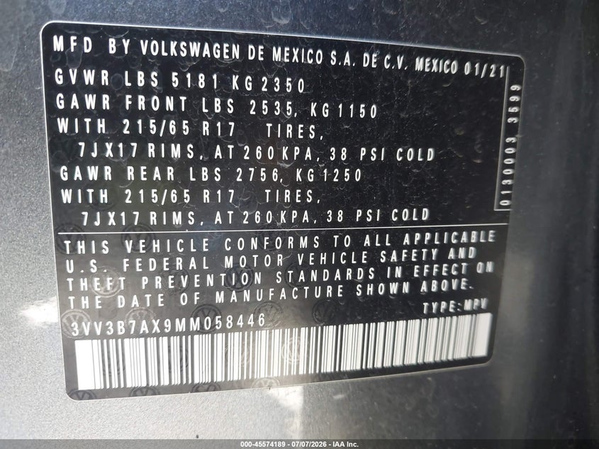2021 Volkswagen Tiguan 2.0T Se/2.0T Se R-Line Black/2.0T Sel VIN: 3VV3B7AX9MM058446 Lot: 45574189