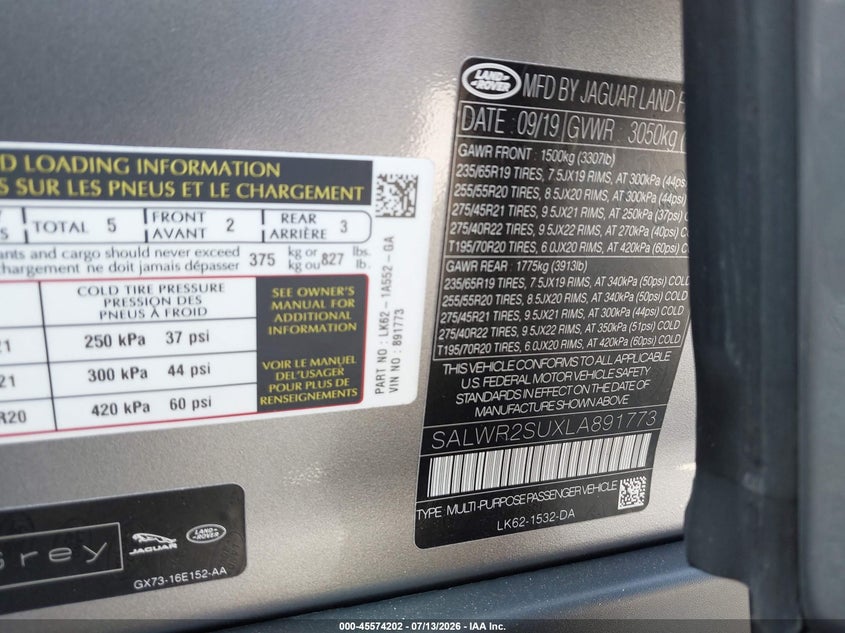 2020 Land Rover Range Rover Sport Hse Mhev VIN: SALWR2SUXLA891773 Lot: 45574202