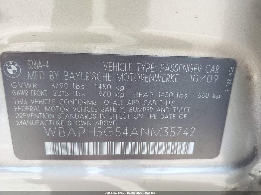 2010 BMW 328I VIN: WBAPH5G54ANM35742 Lot: 45574242