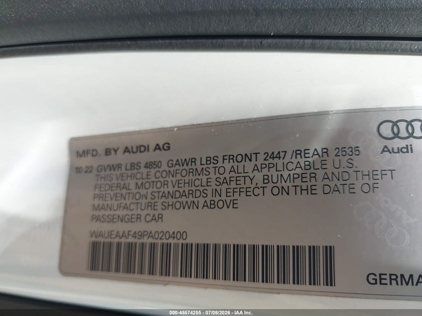 AUDI A4 2023 VIN WAUEAAF49PA020400