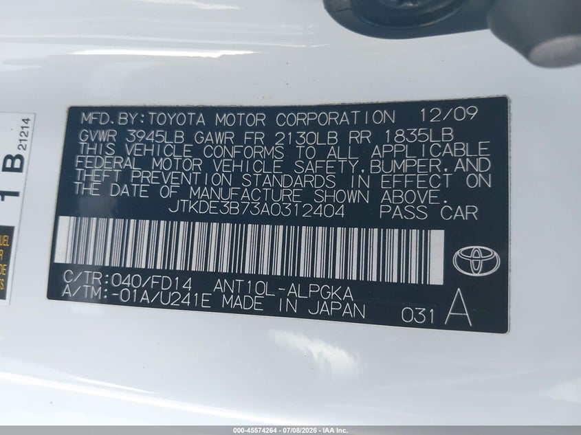 2010 Scion Tc VIN: JTKDE3B73A0312404 Lot: 45574264