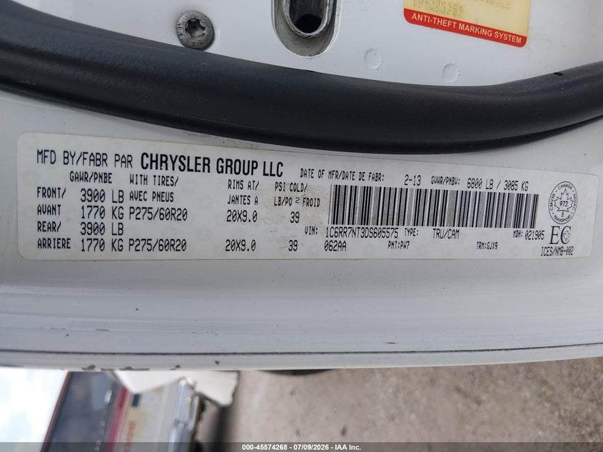 RAM 1500 2013 VIN 1C6RR7NT3DS605575